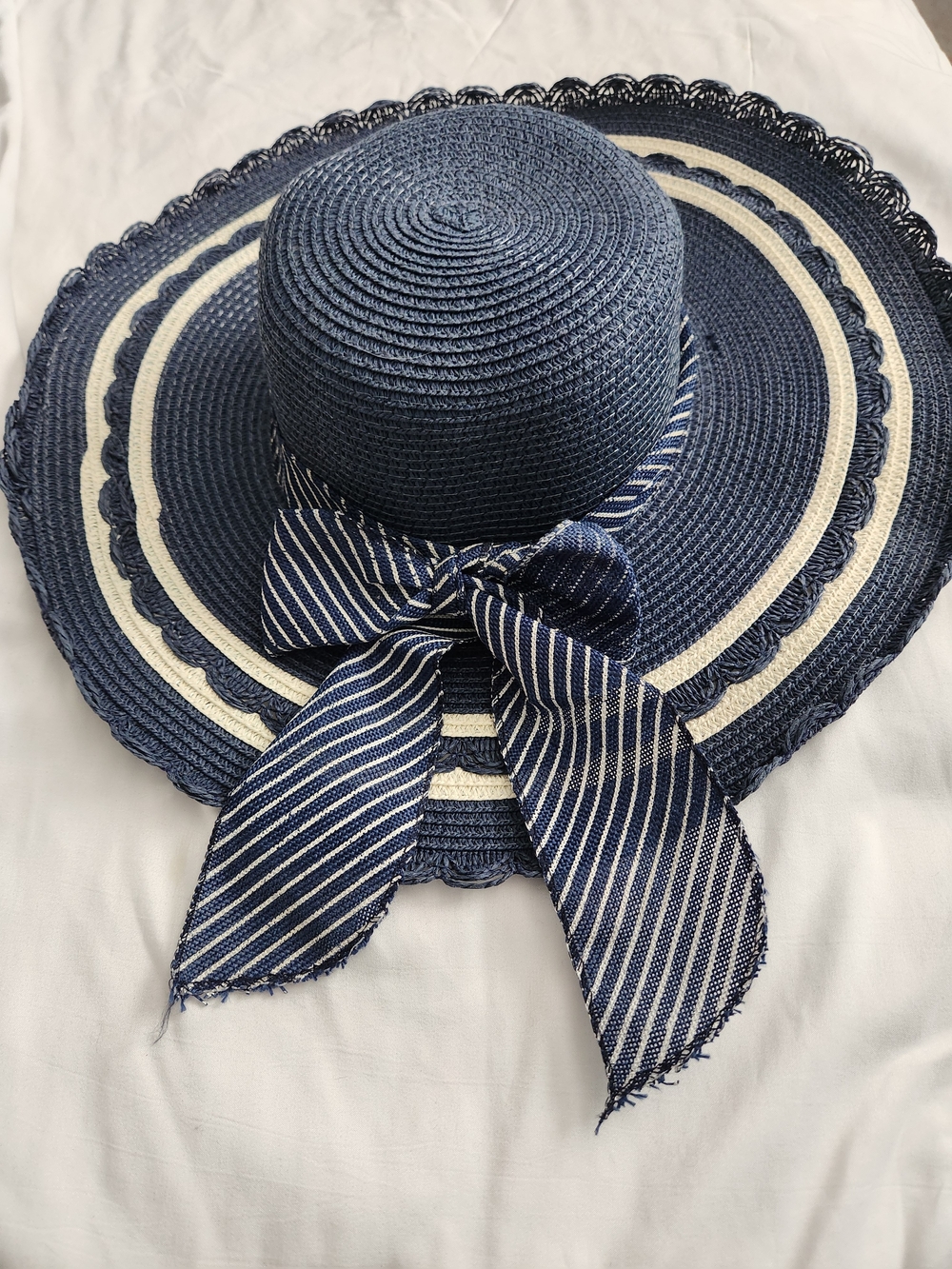 Striped Bow Navy Wide-Brim Straw Hat for Women